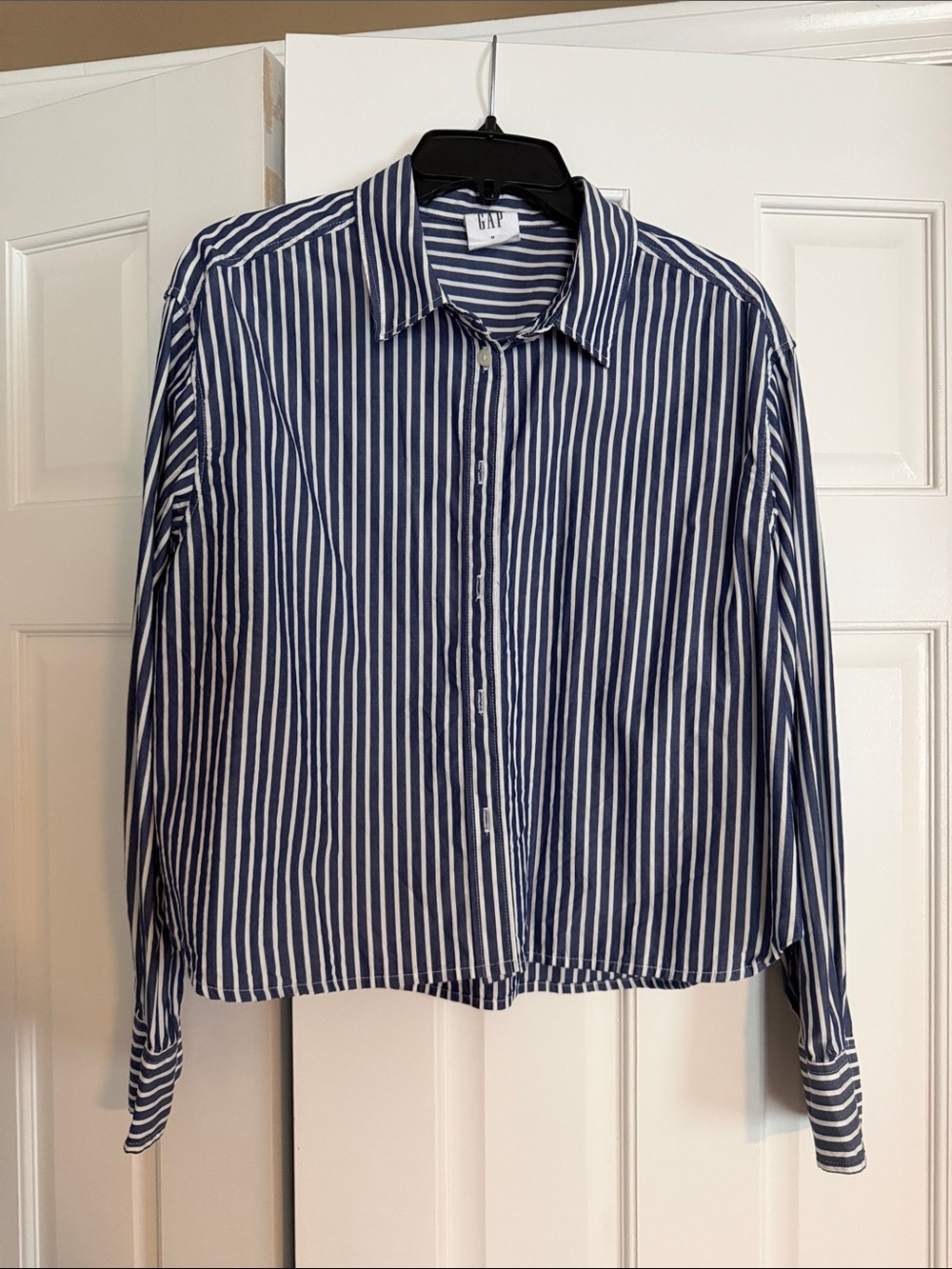 GAP Navy and White Cropped Vertical Stripe Button-Down Shirt